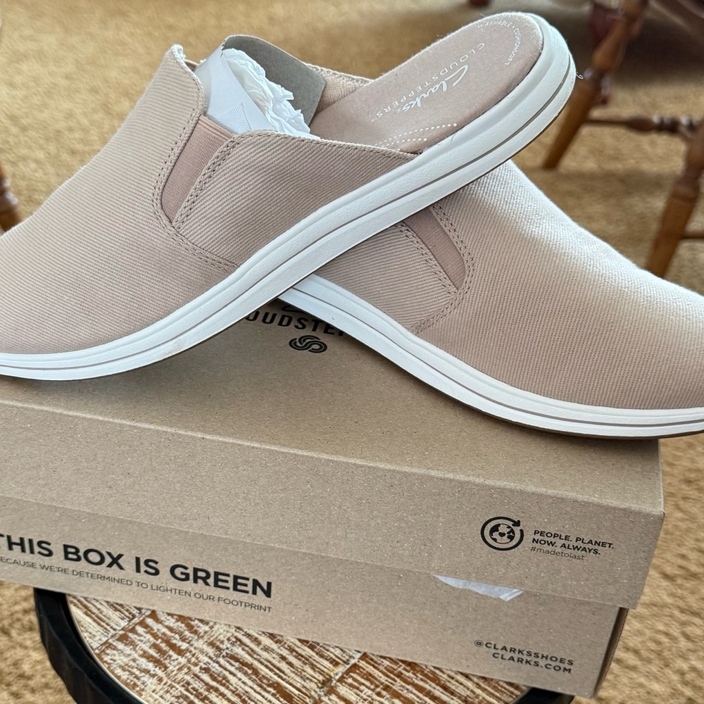 Cloudsteppers by Clarks, Breeze Shore, Taupe & White Sneakers, Slip-On Comfort